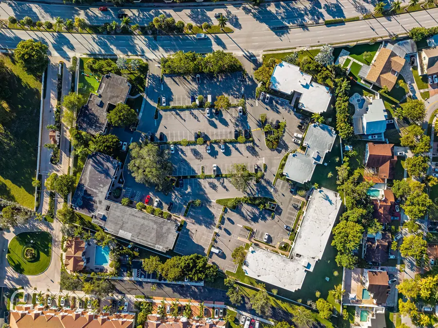 Overhead view of the buildings and parking