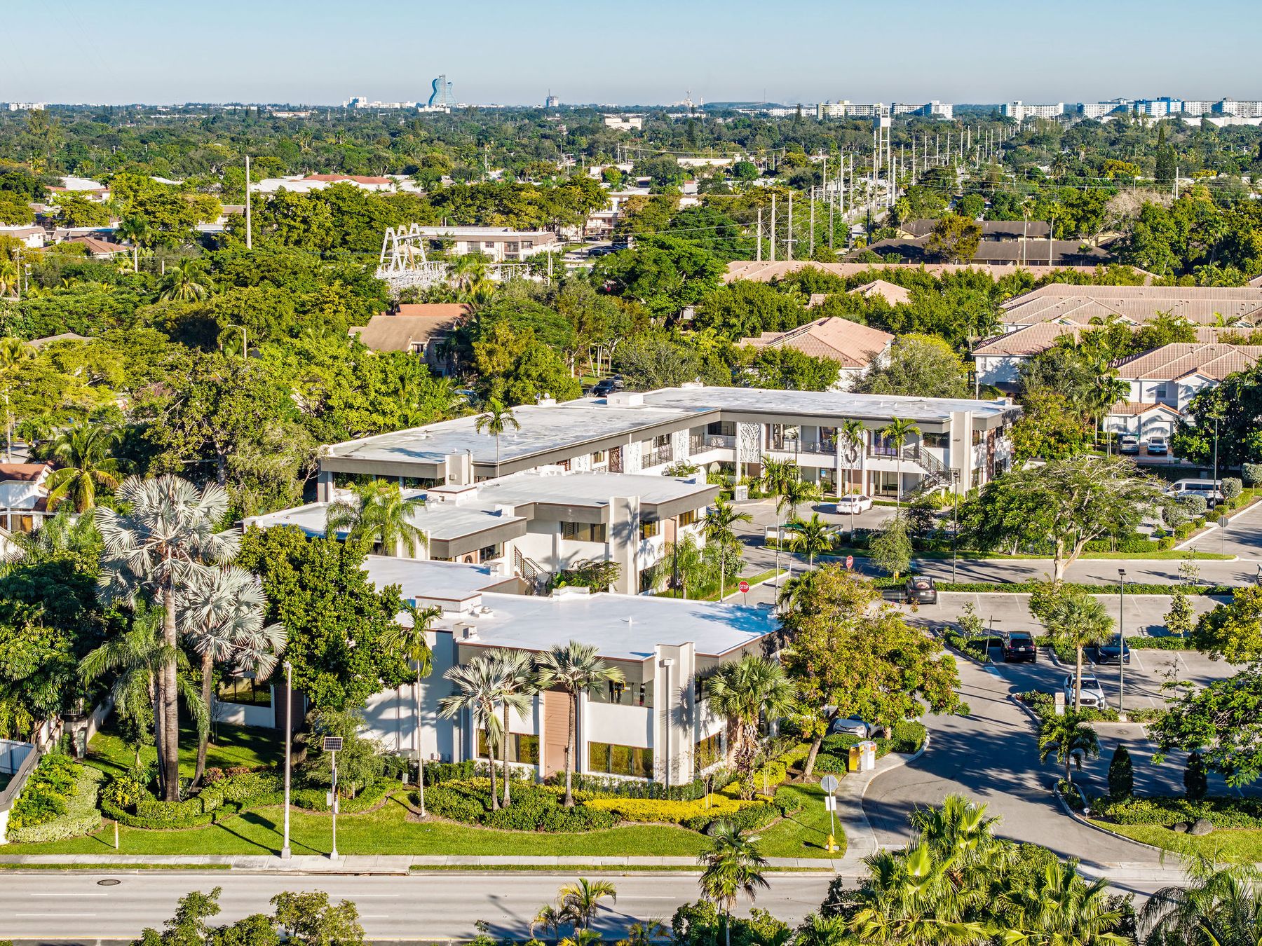 Aerial view of The Office Park at the California Club at golden hour