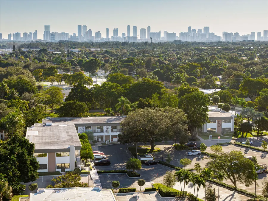 Aerial view of the office park with the Miami skyline beyond